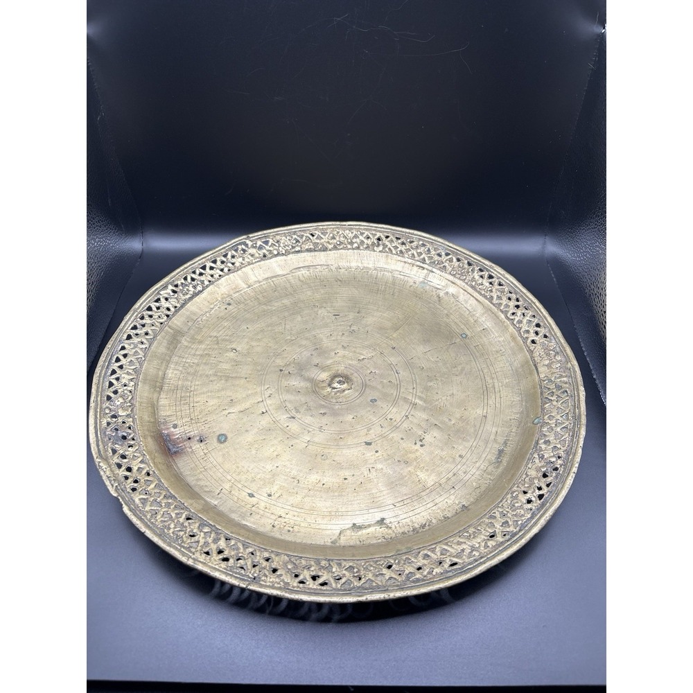Antique Hand-Hammered Heavy Brass Tray 14" Middle Easter/Indo-Persian Platter